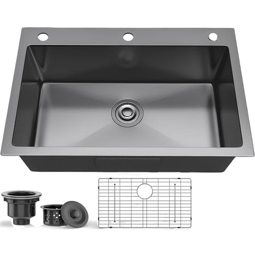 ITAHOME Gunmetal Black Drop in Kitchen Nano Sink with Grid 28in