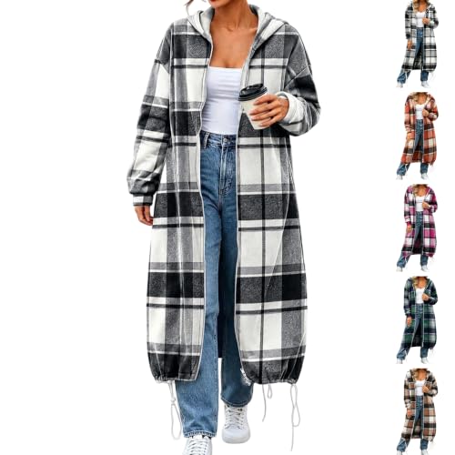 Long Plaid Shacket Women Flannel Full Zip Up Hoodies with Pockets Deal