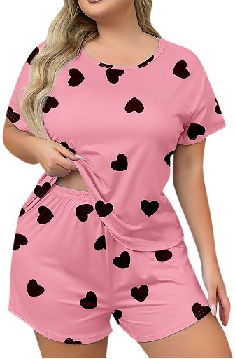 Diufon Plus Size Pajamas for Women Valentines Printed Short Sleeve Top & Shorts Valentine's Day Sleepwear Set, 3XL and 4XL