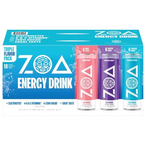ZOA Zero Sugar Energy Drinks 18-Pack (White Peach, Tropical Punch & Frosted Grape Variety) Deal
