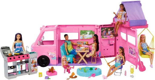Mattel HRJ78 Barbie Dream Camper Playset with Roof Tent, BBQ Grill with Color-Change Feature and 60+ Accessories Deal