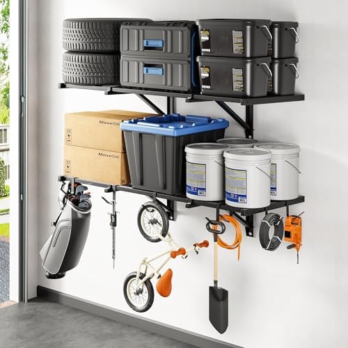 FLEXIMOUNTS 2-Pk 2'x4' Heavy Duty Garage Wall Shelving w/ 8 Hooks