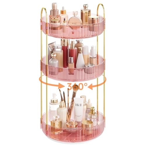 Rotating Makeup Organizer Countertop 3 Tier Pink