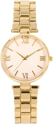 Time and Tru Women's Gold Tone Round Watch and Rose Faux Stone Bracelet Set, 2-Piece