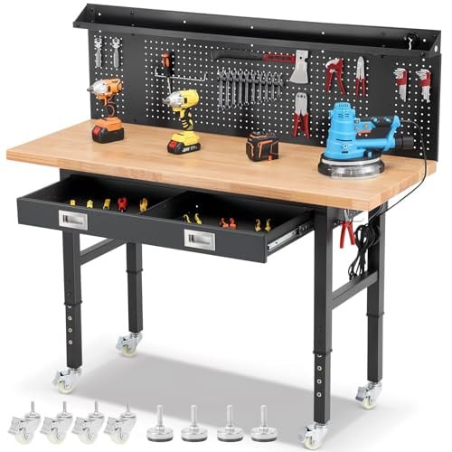 ENJOYWOOD 60" x 22'' Garage Workbench with Wheels Adjustable Height Rubberwood Work Table Deal