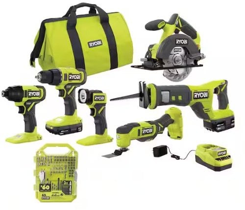 RYOBI ONE+ 18V Cordless 6-Tool Combo Kit with 1.5 Ah and 4.0 Ah Batteries