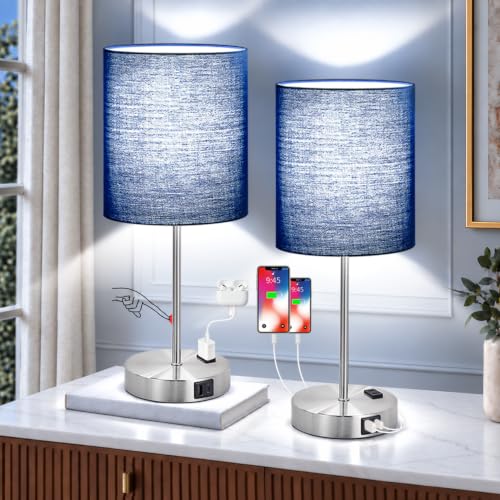 Set of 2 Touch Control Table Lamps with 2 USB & AC Outlet, 3-Way Dimmable Bedside Nightstand Lamps 800 Lumens 5000K Daylight Bulbs Blue