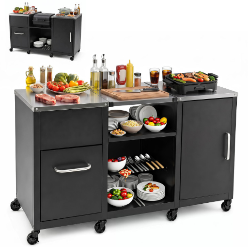 Costway 59" Outdoor Grill Table w/ 2 Removable Shelves & Stainless Steel Top Deal