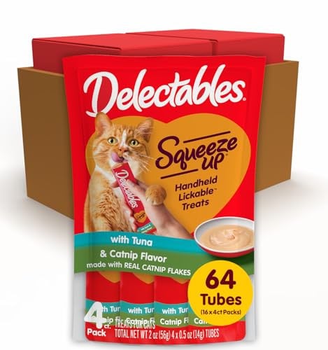 Delectables Squeeze Up Tuna with Catnip Creamy Squeezable Puree Lickable Wet Cat Treats 0.5 Ounces Tube 64-Count