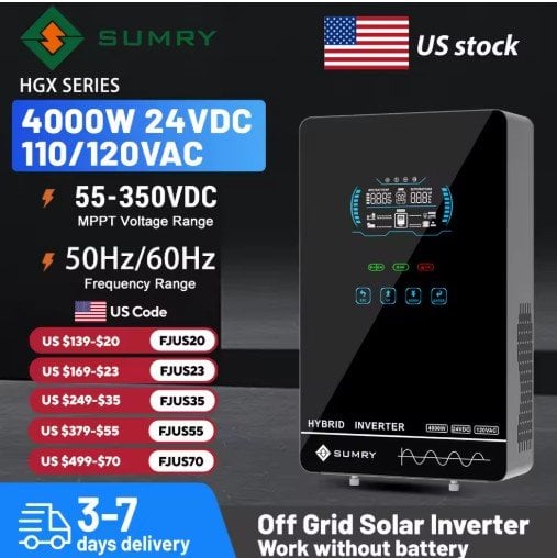 SUMRY 4KW 24V Off-Grid Solar Inverter 140A MPPT Pure Sine Wave