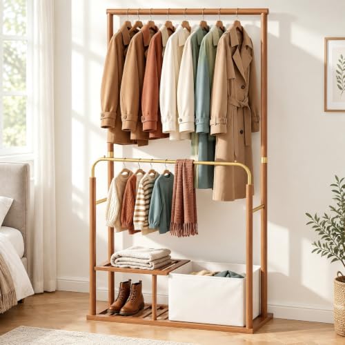 Amada Bamboo Coat Rack with Shelves and Fabric Bins
