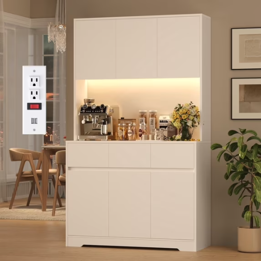 Homfa 70.9" Tall Kitchen Pantry Cabinet with Charging Station, LED Light & 3 Drawers