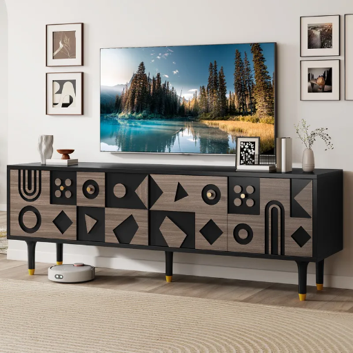 Mid-Century Modern 70" TV Stand with Carving Doors