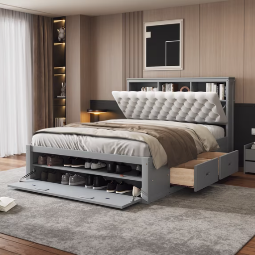 Euroco Wood Queen Platform Bed with Storage Headboard, Drawer and Shoe Cabinet, Gray