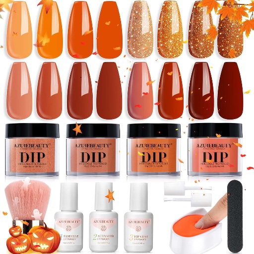 Dip Powder Nail Kit Starter 12 PCS Orange Brown Glitter
