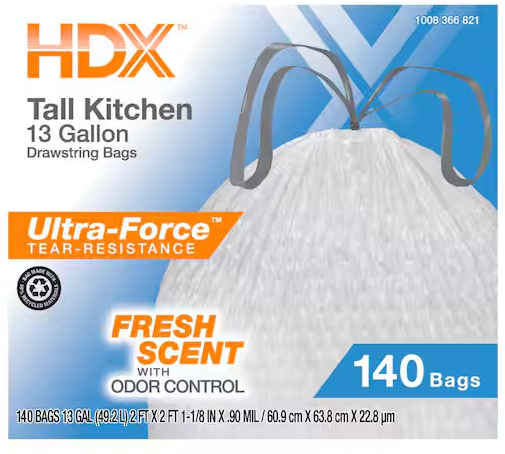 HDX 13 Gal. Scented Flex Drawstring Kitchen Trash Bags (140-Count)
