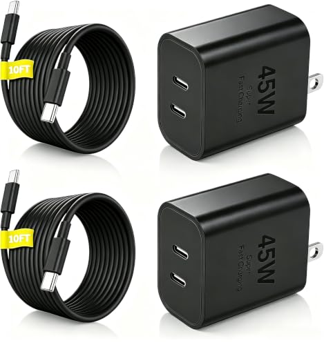 2-Pack 45W Dual-Port USB-C Super Fast Charging Block with 10' USB-C to C Cable