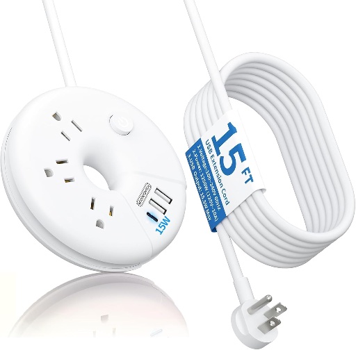 15FT Flat Plug Power Strip with 3 USB (1 USB C)