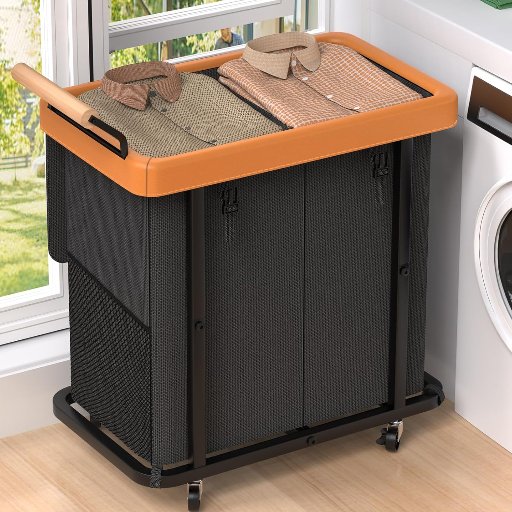 50 Gallon 2-Section Leather Patchwork Rolling Laundry Hamper with Lid (Black)