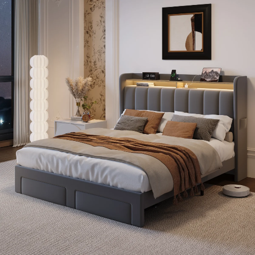 Ivy Bronx Upholstered Storage Platform Bed Frame w/ Wingback Headboard, Light & Charging (Queen; Gray)