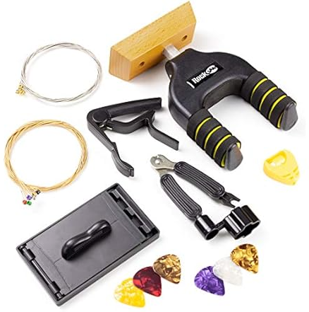 RockJam Guitar Accessory Kit with Hanger, Capo, String Winder, Fret Cleaner, Picks, Spare Strings