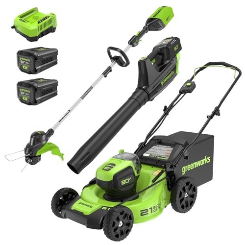 Greenworks 80V 21” Brushless Cordless Electric Lawn Mower + 500 CFM Axial Leaf Blower + 13” String Trimmer with (2) 2.0Ah Batteries Deal