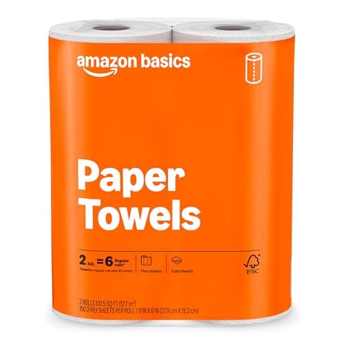 Amazon Basics 2-Ply Flex-Sheets Paper Towels 2-Pack, 150 Sheets per Roll