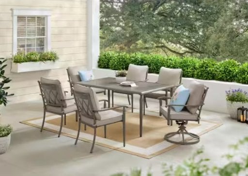 Hampton Bay Preston Pointe Dark Cement Gray 7-Piece Metal Outdoor Dining Set with CushionGuard Putty Cushions Deal
