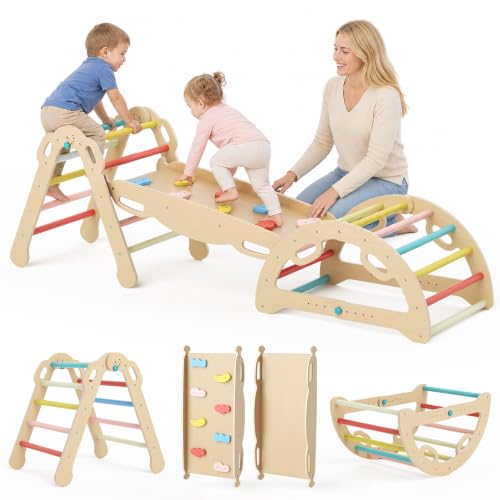 Pikler Triangle Set, 7 in 1 Rainbow Printed Wooden Montessori Climbing Set