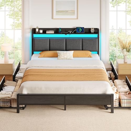 Rolanstar Full Size Bed Frame with Charging Station & LED Lights