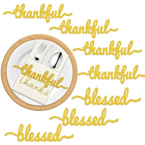 Thanksgiving Cutlery Holder 36 Pcs with Thankful Blessed Words Cutout Glitter Card Set