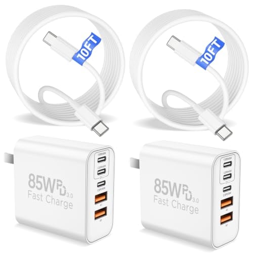 2-Pack 85W 5-Port USB-C Wall Charger with 10Ft USB-C Cables (White)