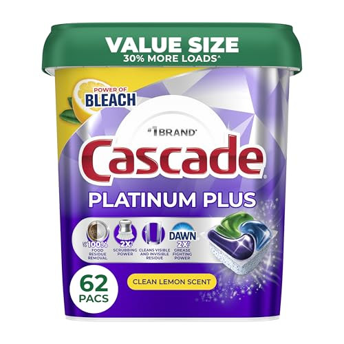 Cascade Platinum Plus Dishwasher Pods, Clean Lemon Scent, 62 Count