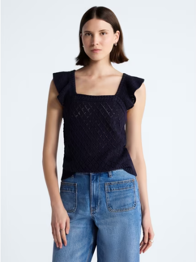 Free Assembly Women's and Women's Plus Square Neck Cotton Sweater with Flutter Sleeves (Darkest Navy, L/XL) Deal