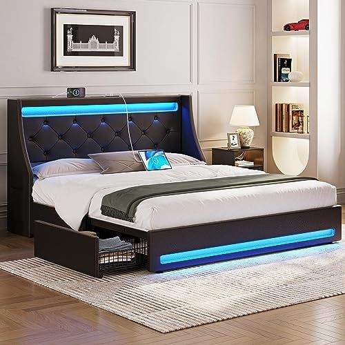 Rolanstar Queen Bed Frame with LED Lights and Charging Station