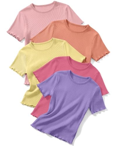 LessonZoo 5 Pack Toddler Girl T Shirts Crew Neck Short Sleeve Ribbed Tops Deal