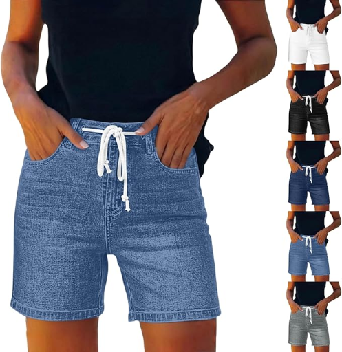 Women High Waisted Drawstring Denim Shorts Deal