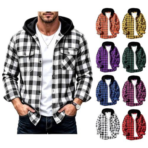 Men Hooded Plaid Button Down Jackets Deal