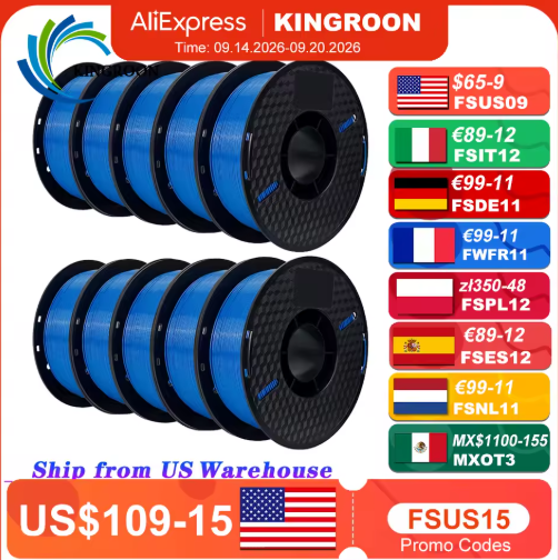 KINGROON 10KG PLA Filament 1.75mm 10 Rolls Black