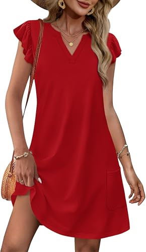 OFEEFAN Ruffle Sleeve V Neck Sundresses with Pockets