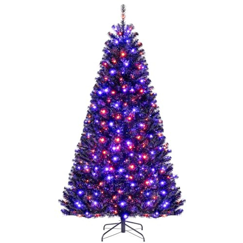 Goplus 7ft Pre-Lit Black Christmas Tree with 380 Orange & Purple LEDs