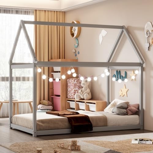 Giantex Twin Wood Montessori Bed Frame (Grey) Deal