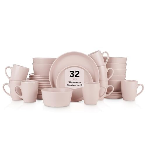 Stone Lain Albie Stoneware 32-Piece Modern Dinnerware Set, Service for 8, Pink