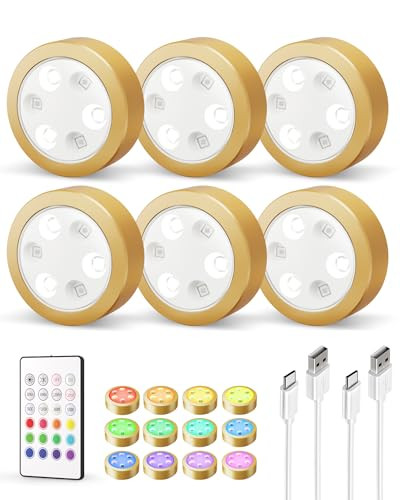 6-Pack EZVALO RGB Gold Rechargeable Puck Lights with Remote