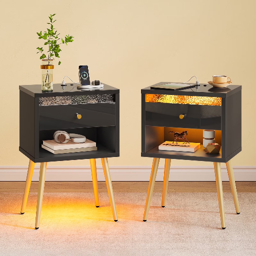 Pinmoco Set of 2 LED Nightstand with Charging Station