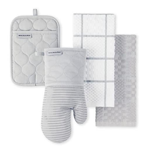 KITCHENAID Quilted Cotton Oven Mitt, Pot Holder, Kitchen Towels 4-Pack (Grey)