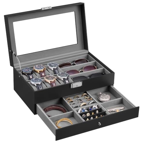 SONGMICS Watch Box for Men, 2-Tier Case with 6 Slots and Glass Lid