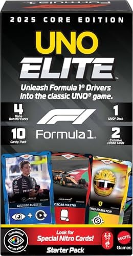 UNO Elite Formula 1 2025 Starter Pack with 4 Booster Packs & 2 Promo Cards