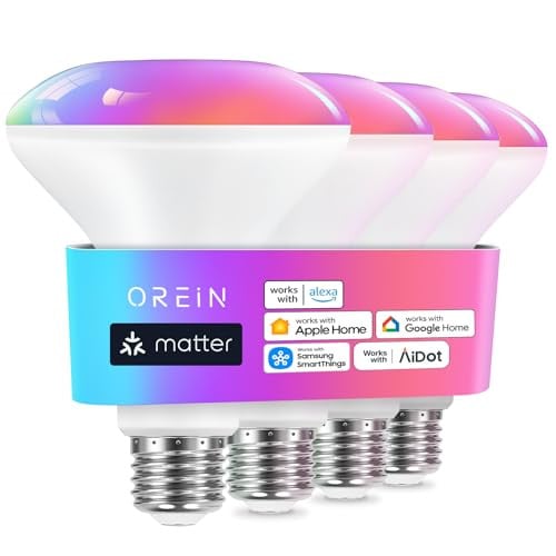 OREiN Matter BR30 Smart LED Light Bulbs 4-Count (650 Lumens, RGBTW Color-Changing, Wi-Fi)