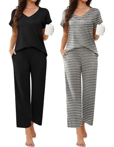 Ekouaer 2 Pack Pajama Sets for Women V Neck Short Sleeve Pj 2 Piece Lounge Sets Deal